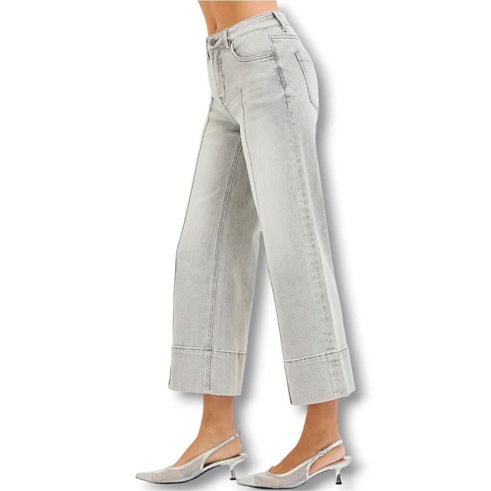 Risen Light Gray Pintuck Front Wide Leg Crop Jeans Mid Rise Tummy Control NWT - Picture 8 of 9